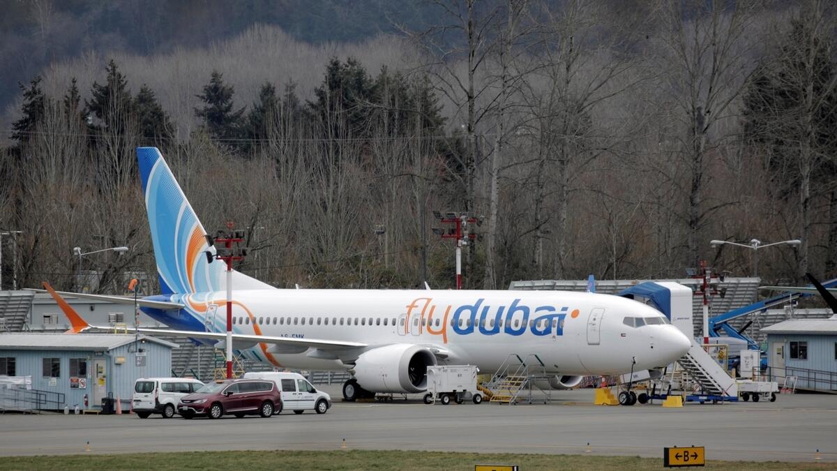 A Boeing 737 Max aircraft bearing the logo of flydubai is parked at a Boeing production facility in Renton, Washington, US.-Reuters