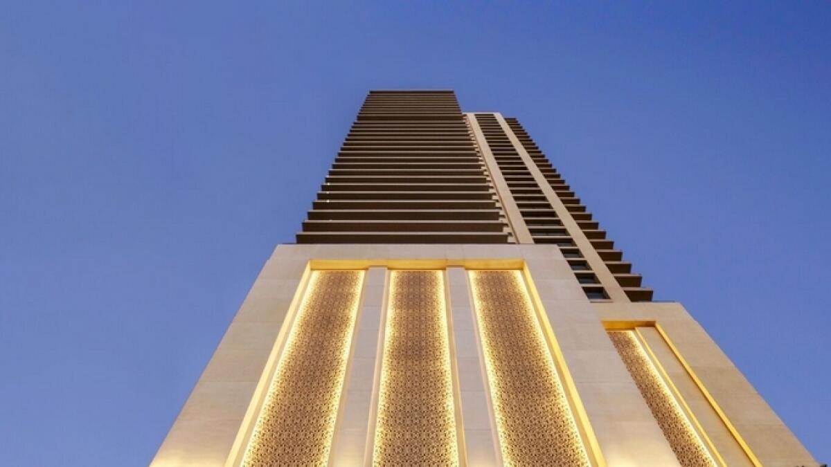 The facade of The 118, a luxurious tower, in Downtown Dubai.