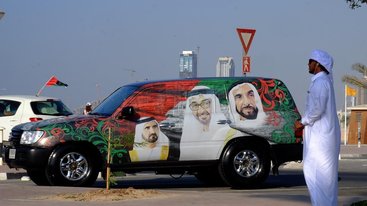 Decorated car on the road during National day celebrations in Dubai.-File photo