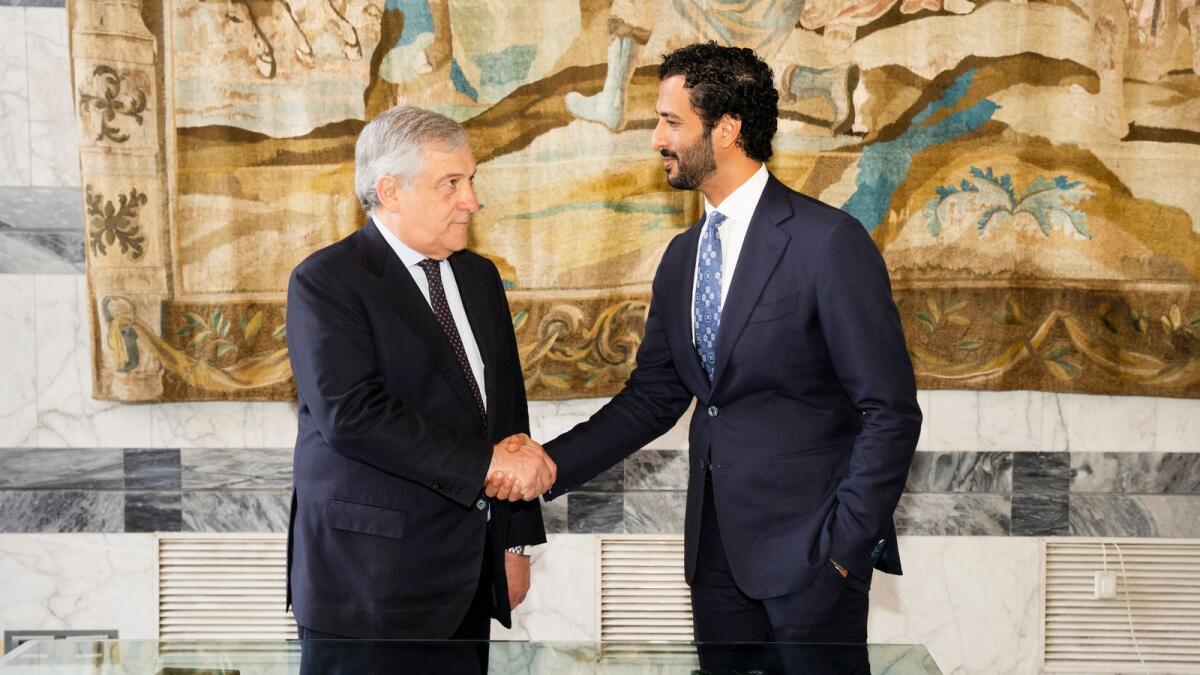 Abdullah bin Touq Al Marri, Minister of Economy, meets with Antonio Tajani, Italian Minister of Foreign Affairs and International Cooperation, in Milan. — WAM