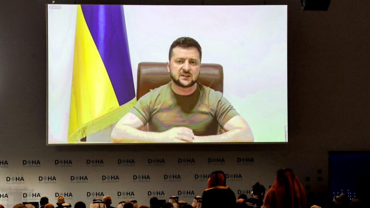 Ukraine's President Volodymyr Zelensky remotely addresses by video-link the Doha Forum in Qatar's capital on March 26, 2022. Photo: AFP