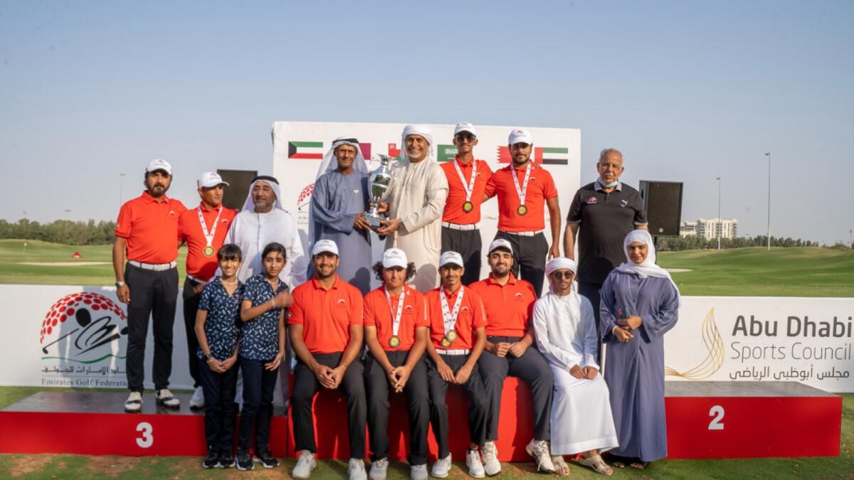 Team UAE, winners of the GCC Junior Championship with the entire delegation including Sheikh Fahim Al Qasimi, chairman of the EGF, and General Abdullah Alhashmi, vice-chairman of the EGF, holding the Junior Team trophy. — Supplied photo