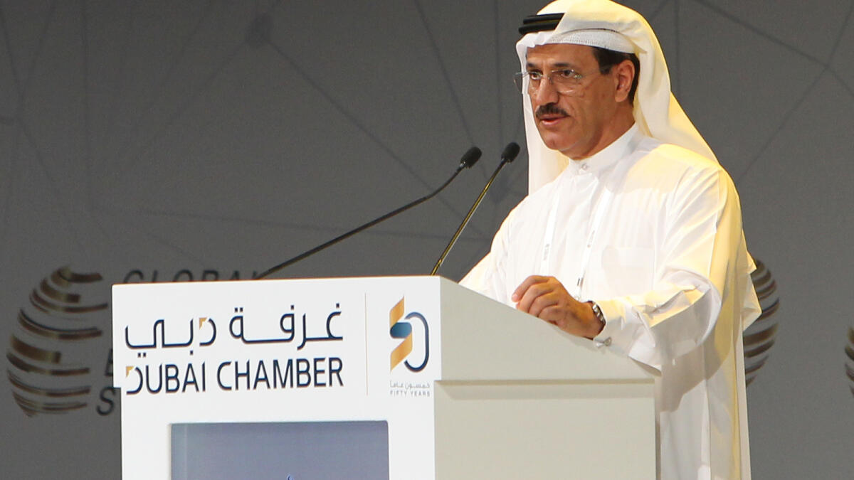 Sultan bin Saeed Al Mansouri, UAE Minister of Economy, delivers a speech at the summit.