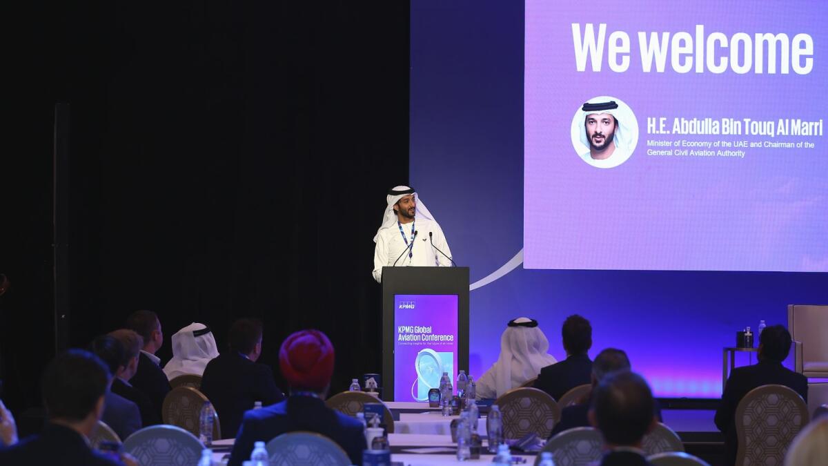 Abdulla bin Touq Al Marri, Minister of Economy and chairman of the General Civil Aviation Authority, addressing the summit, which concluded on Tuesday. — Supplied photo