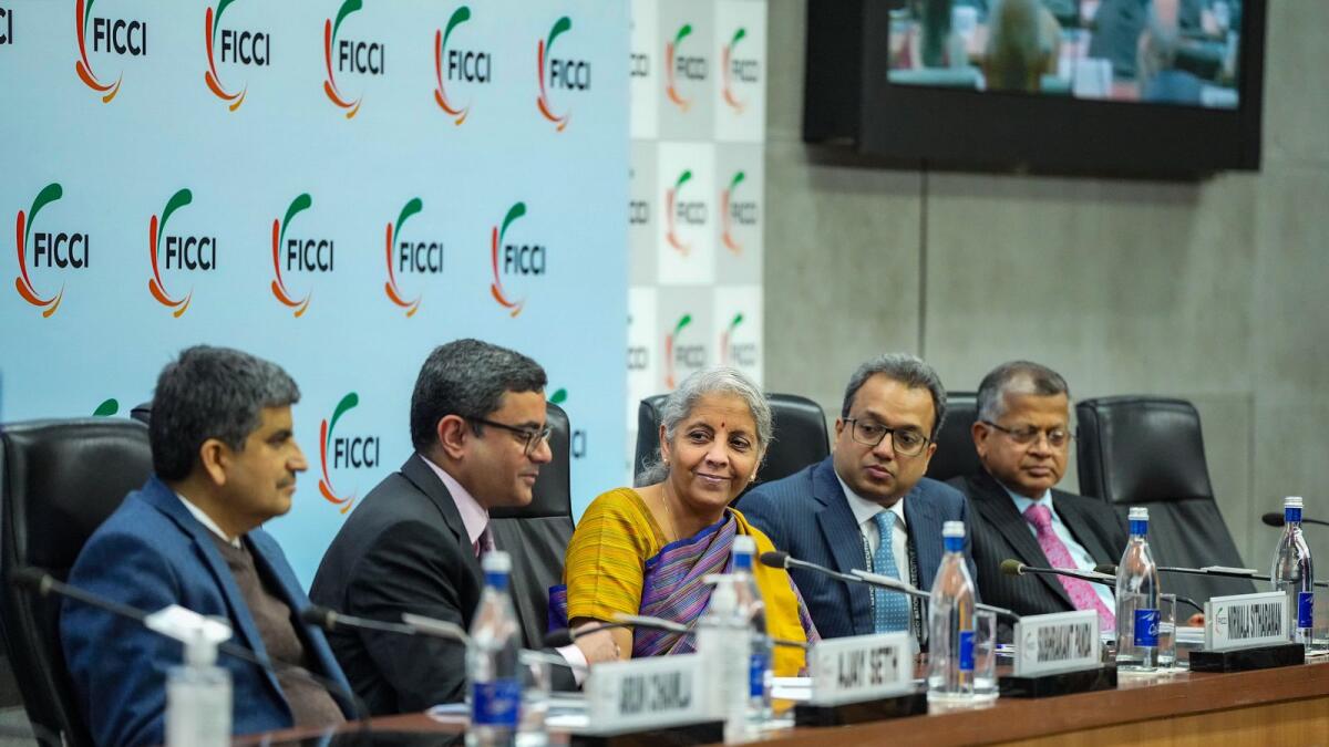 Union Minister of Finance and Corporate Affairs Nirmala Sitharaman with FICCI president Subhrakant Panda and others during the post-budget FICCI National Executive Committee Meeting in New Delhi on February 2, 2023. — PTI