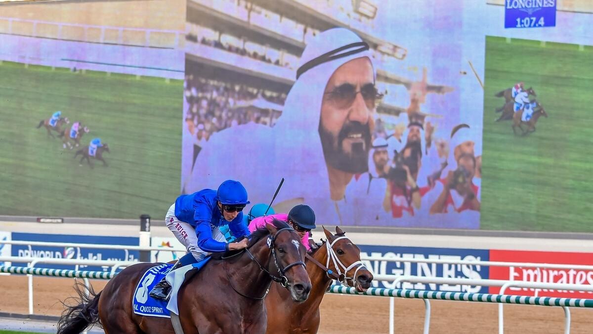 BLUE POINT ridden by William Buick winner of the Al Quoz Sprint during the Dubai World Cup 2019 at Meydan Racecourse in Dubai – Photo by M. Sajjad/Khaleej Times