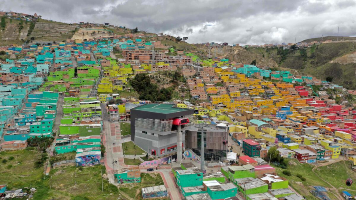An aerial view of a slum where an Embera indigenous fair takes place to collect money through the sales of handicrafts, in Bogota. Photo: AFP