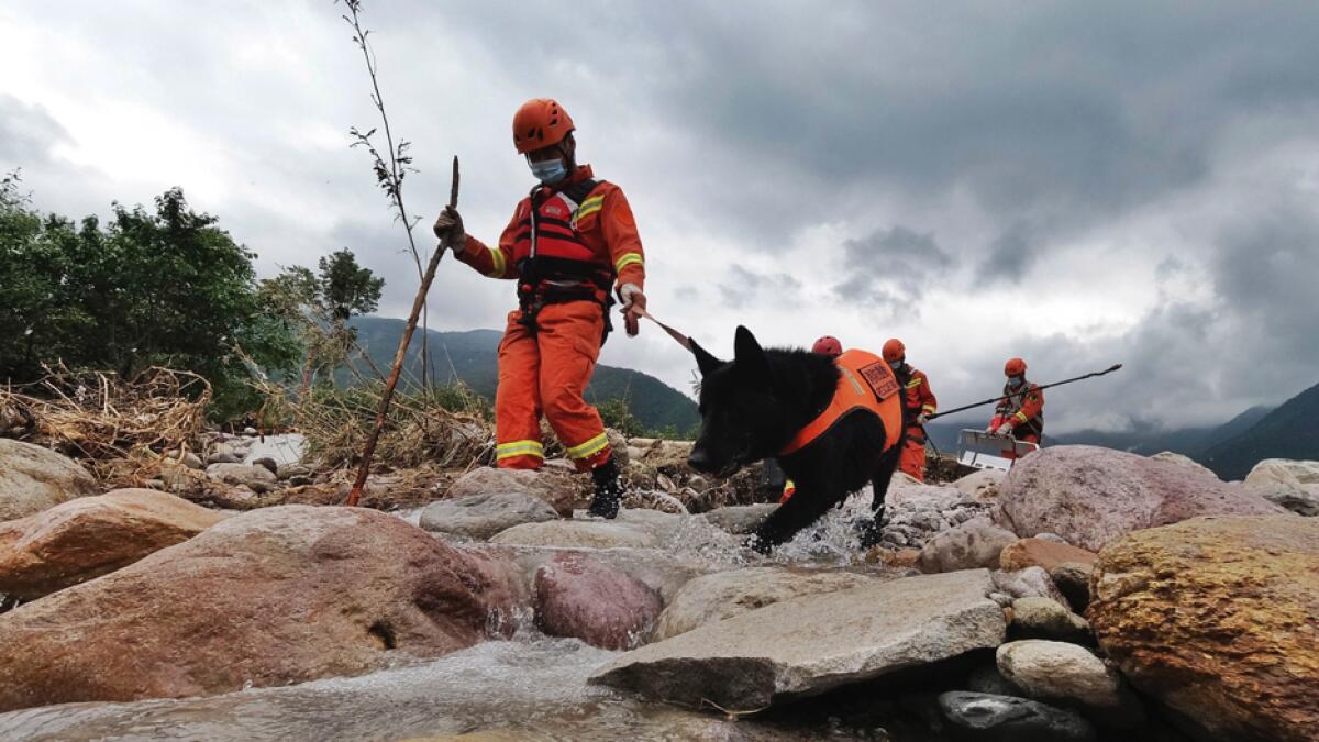 Rescue workers and a rescue dog search for victims in the aftermath of flooding in Yihai Town of Mianning County in southwestern China's Sichuan Province. Photo: AP&lt;br&gt;&lt;br&gt;Research: Mohammad Thanweeruddin/Khaleej Times