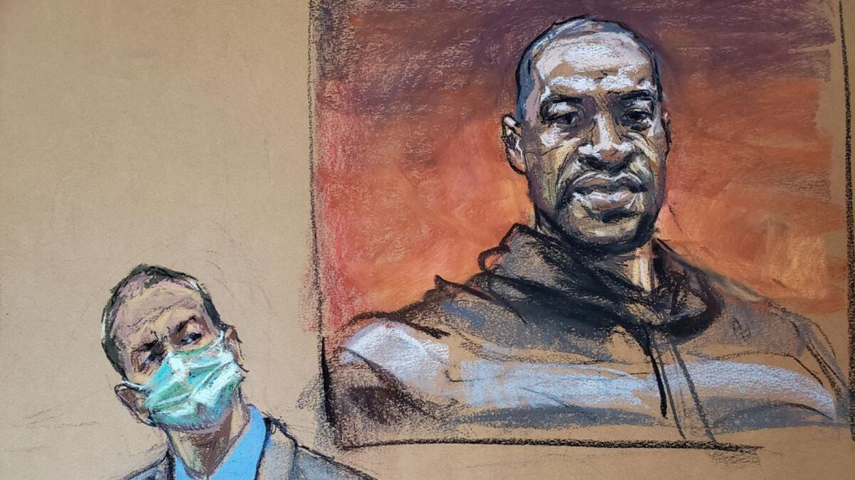 Derek Chauvin sits in front of a picture of George Floyd displayed during Chauvin's trial  in the death of Floyd in Minneapolis in this courtroom sketch. — Reuters
