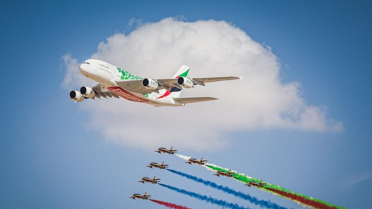 An Airbus A380 along with the Al Fursan squad performs a flyby during the 2019 Dubai Air Show at Al Maktoum International Airport on November 17, 2019. -Photo by Neeraj Murali/Khaleej Times