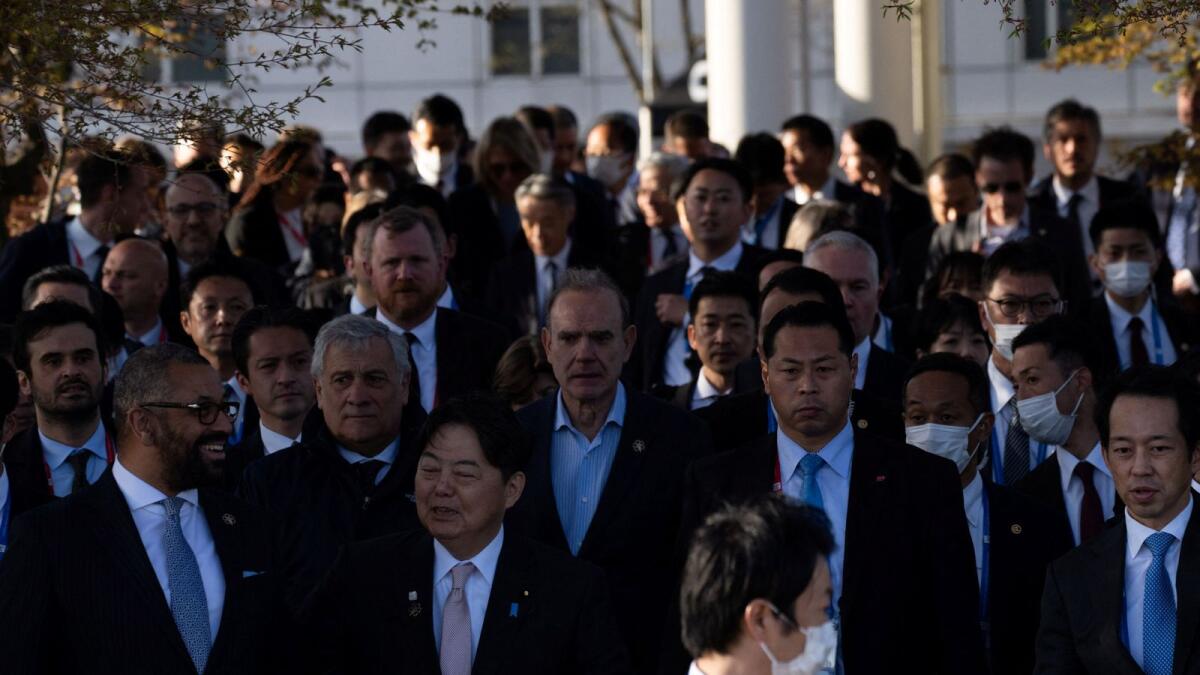 Foreing Ministers walk to the welcome event at Karuizawa station in Karuizawa-cho, Kitasaku-gun, Nagano Prefecture, Japan, on Monday. — Reuters