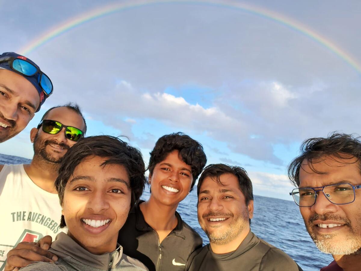 The six-member crew of INSV Tarini during a voyage. INSV Tarini is returning home after successfully completing a 17,000-nm long trans-ocean inter-continental voyage in seven months. Photo: PTI
