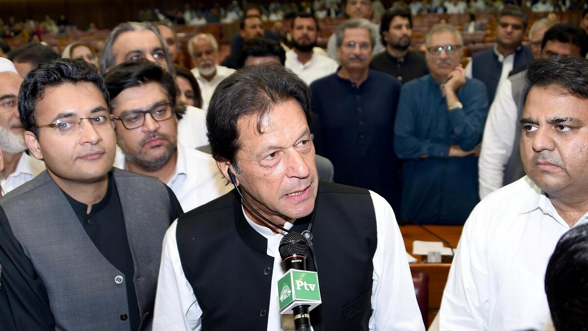 Pakistans newly appointed Prime Minister Imran Khan (C) addresses the lawmakers.- AFP
