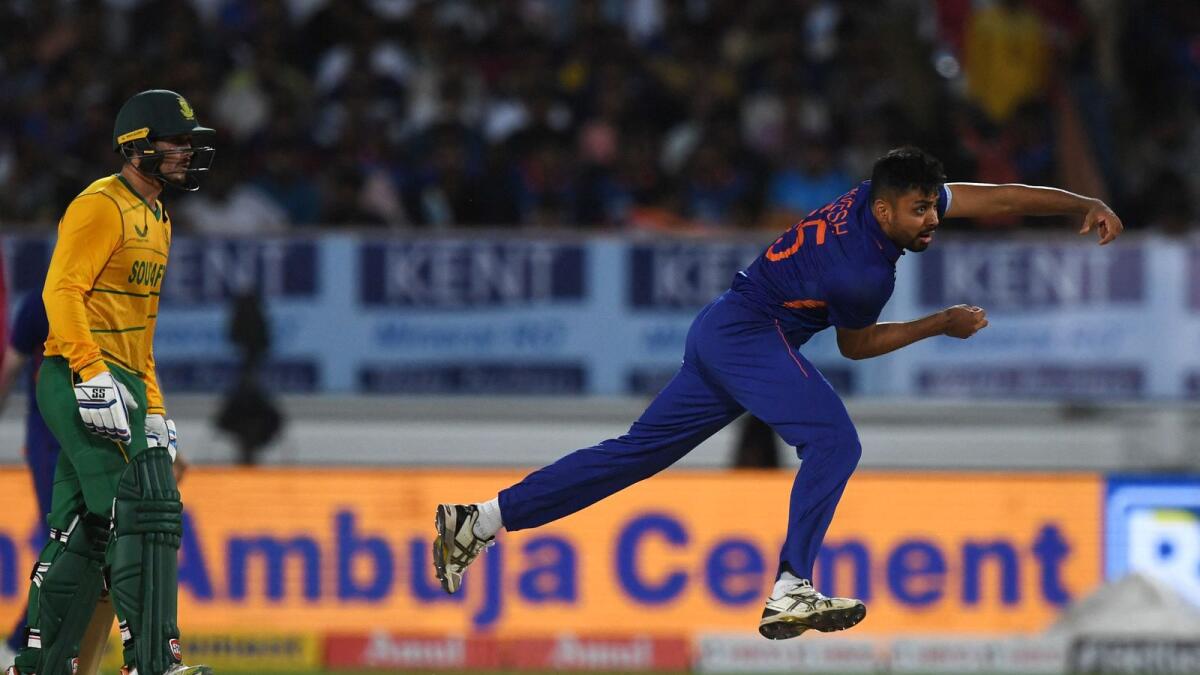India's Avesh Khan bowls duing the fourth Twenty20 international against South Africa on Friday. — AFP