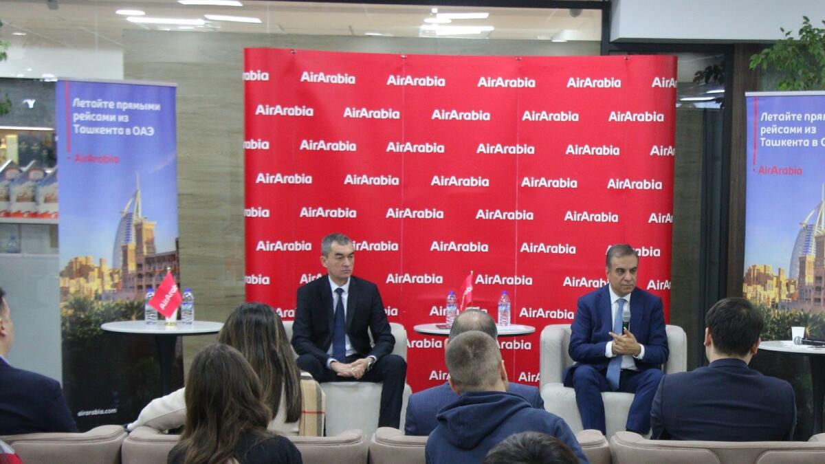 Group chief executive officer of Air Arabia Abu Dhabi Adel Al Ali at the press conference at the CIP lounge of Islam Karimov Tashkent International Airport to mark the special occasion and discuss the carrier’s expansion plan. — Supplied photo