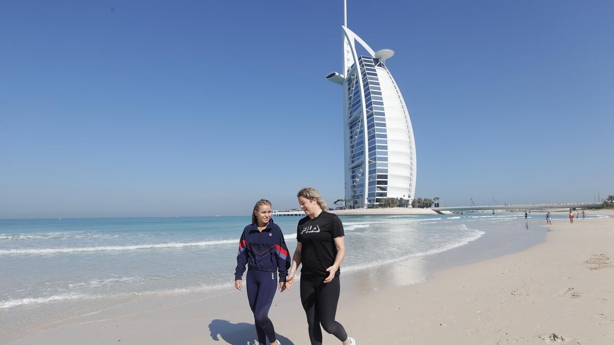 ALL GEARED UP: Kim Clijsters and Sofia Kenin enjoy the beautiful weather as they hit the beach near the iconic Burj Al Arab in Dubai.