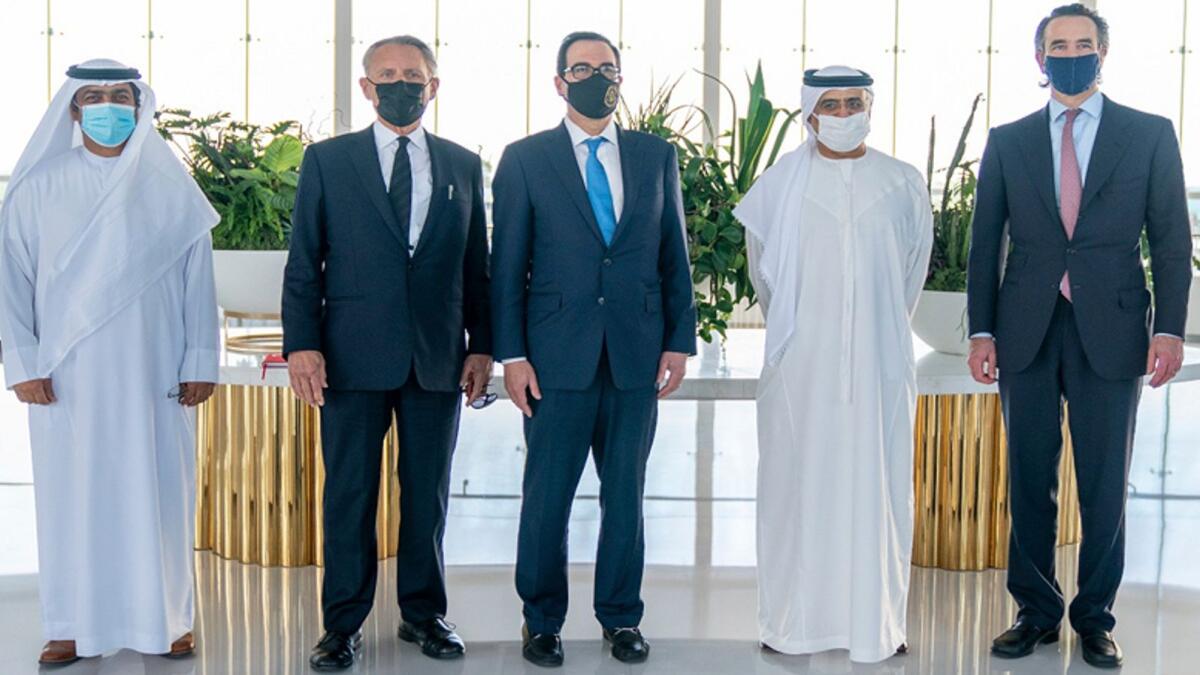 Obaid Humaid Al Tayer, Steven Mnuchin and other senior officials at Abu Dhabi.