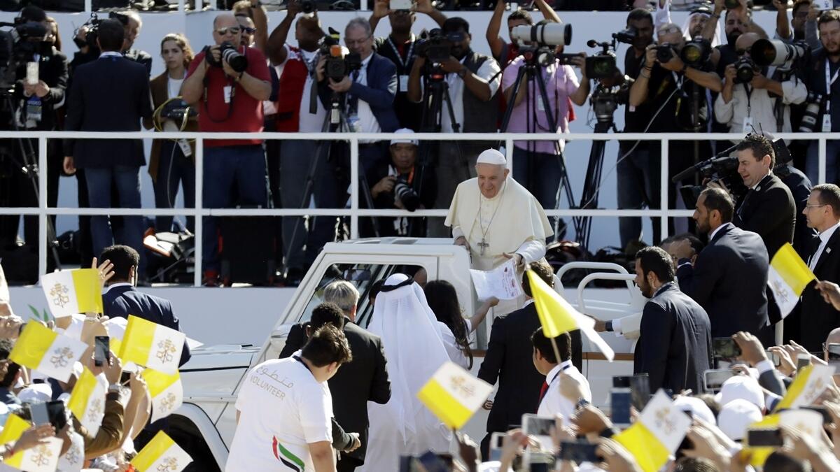 Pope Francis at the Zayed Sports City Stadium to celebrate a mass in Abu Dhabi.-AP 