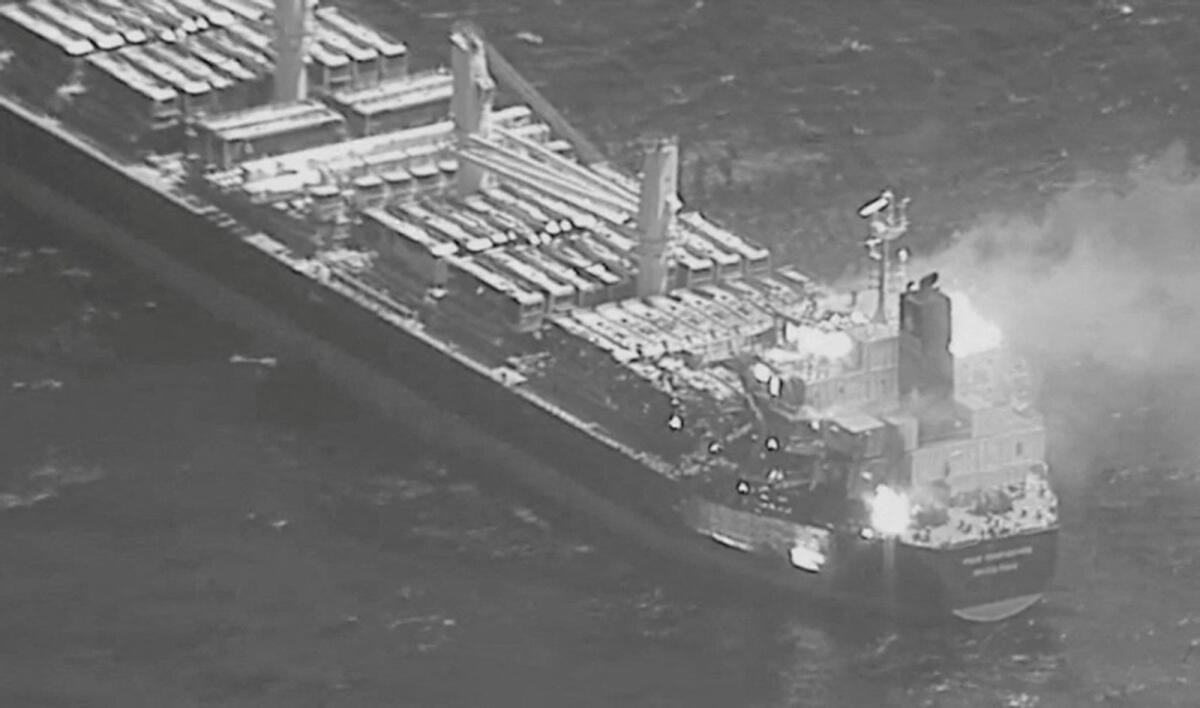 An aerial view of the Barbados-flagged ship True Confidence ablaze following a Houthi missile attack at sea on March 6. — Reuters