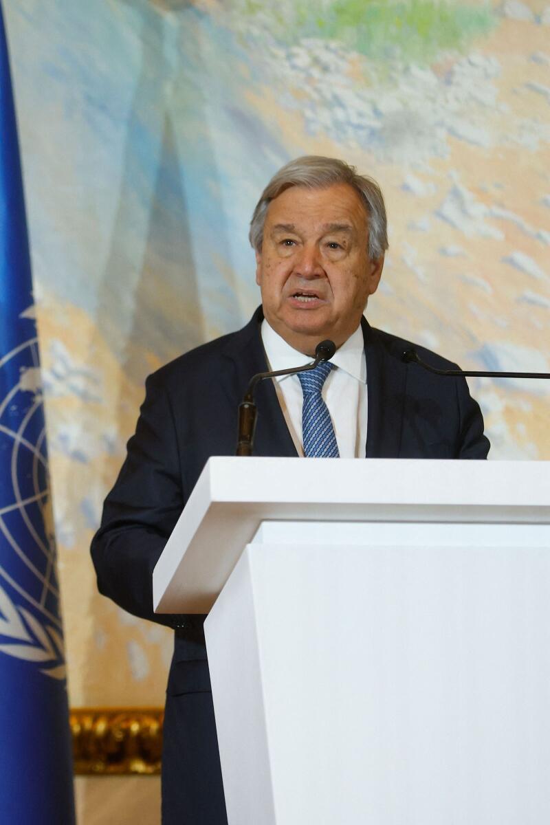 UN chief Antonio Guterres addresses international envoys during talks on Afghanistan in Doha, on May 2, 2023. Guterres held a second day of talks with world powers on May 2, on how to deal with Afghanistan's Taliban leaders amid warnings from the Kabul administration that the meeting could be 'counter-productive'. (Photo by KARIM JAAFAR / AFP)
