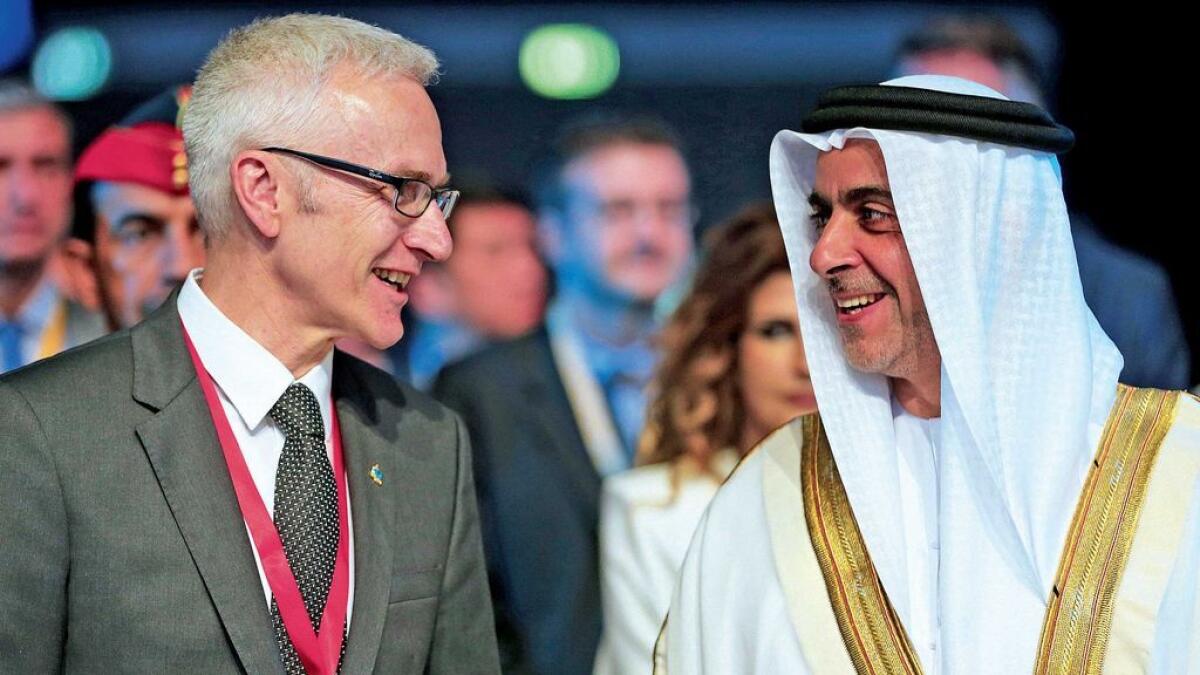 Lt.-Gen. Sheikh Saif bin Zayed and Interpol secretary-general Jurgen Stock share a light moment during the first day of the Unity for Security Conference in Abu Dhabi. 