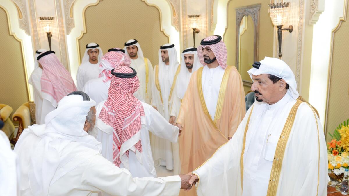 Shaikh Humaid bin Rashid receives Eid well-wishers at Al Zahir Palace, Ajman.