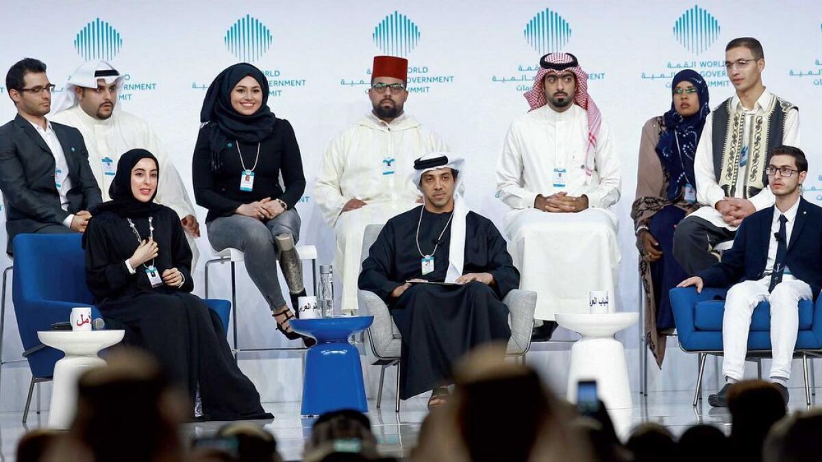 Sheikh Mansour bin Zayed Al Nahyan at the Arab Youth Strategy discussion, with youth representatives from different Arab countries. 