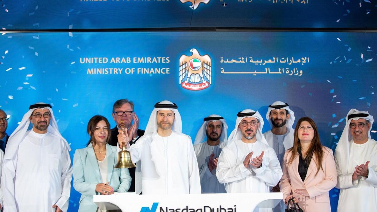 Mohamed bin Hadi Al Hussaini, Minister of State for Financial Affairs, rang Nasdaq Dubai’s market-opening bell to celebrate the listing and circulation of Dh1.5 billion, as the first dirham-denominated treasury bonds.