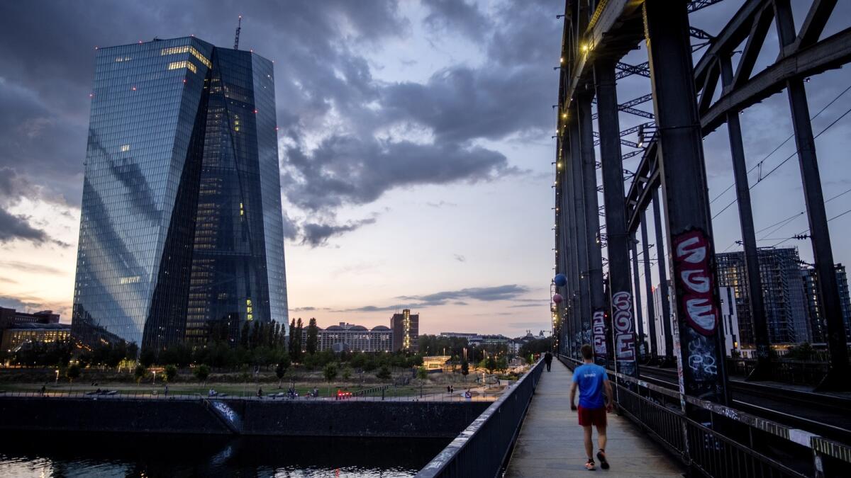 The European Central Bank in Frankfurt, Germany. Inflation has fallen more than expected in the 20 European Union countries that use the euro currency. — AP