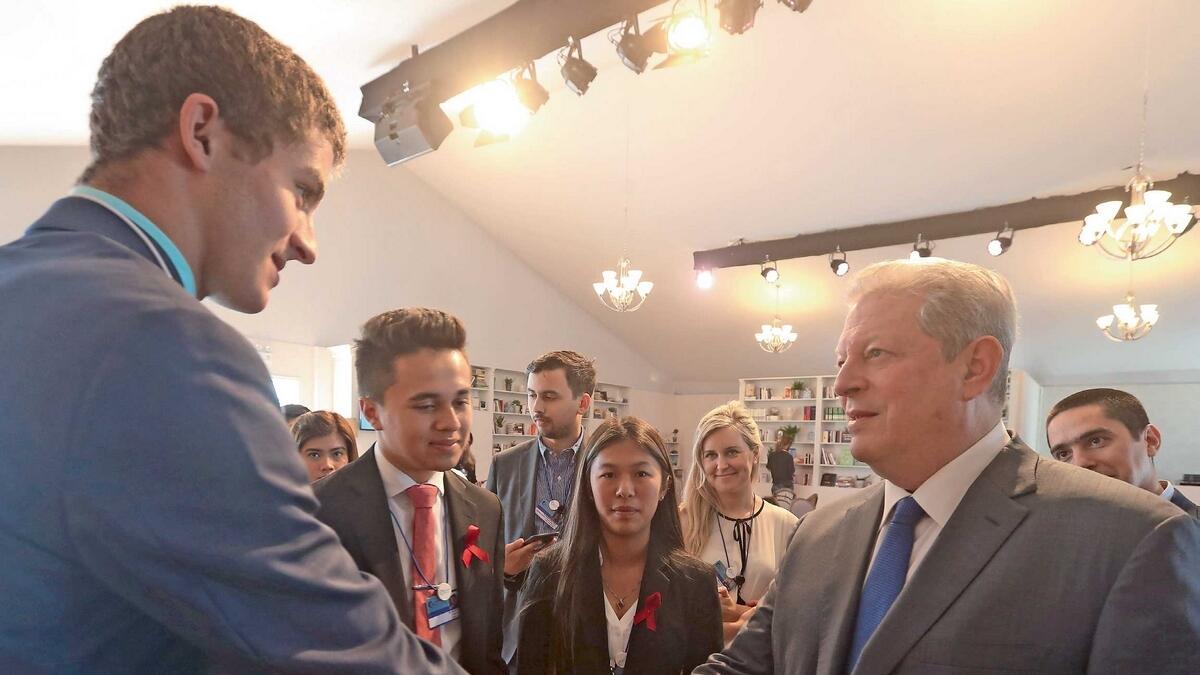 Al Gore during his meeting with Lewis Mizen, Suzanna Barna and Kevin Trejos, survivors of school shooting in Florida, at the Global Education and Skills Forum in Dubai. 