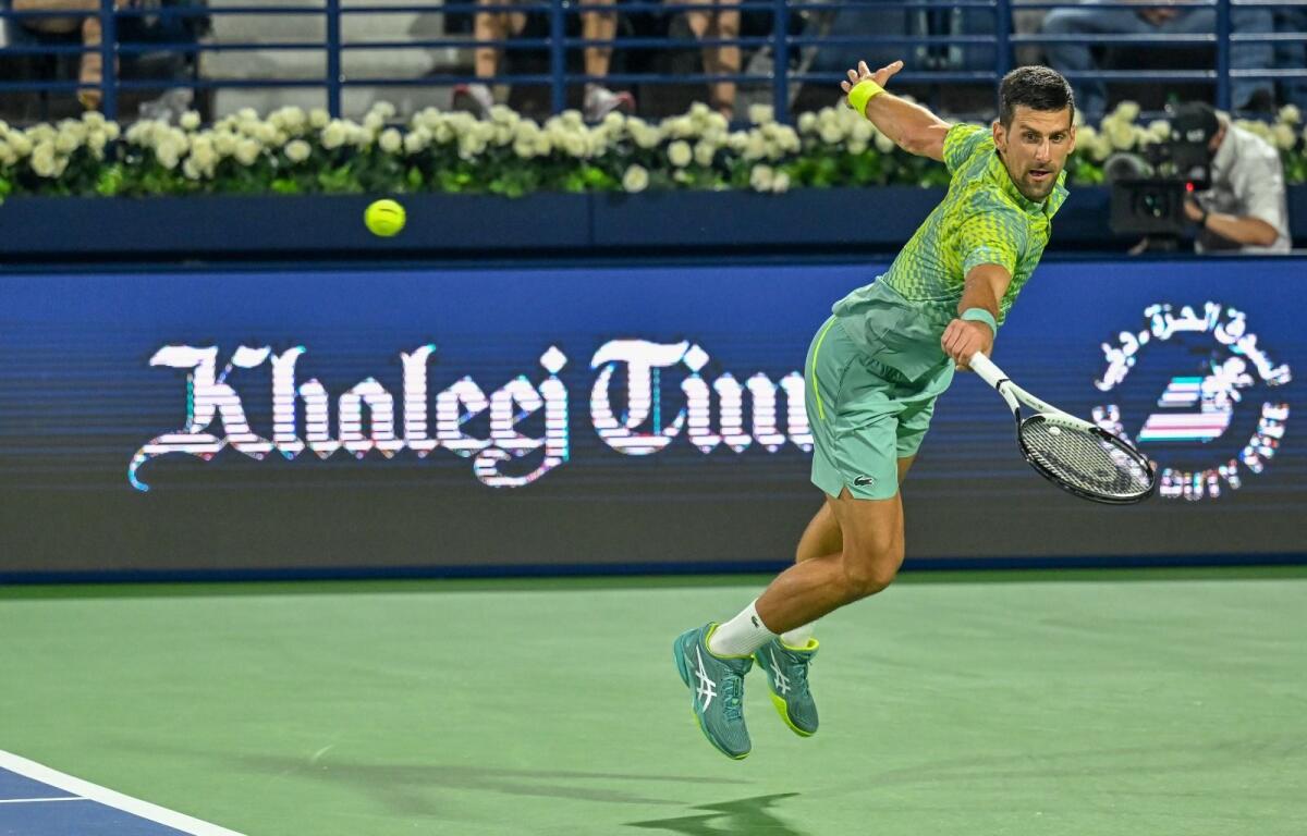 Novak Djokovic hits a backhand return during his match in Dubai on Wednesday. M. Sajjad/Khaleej Times