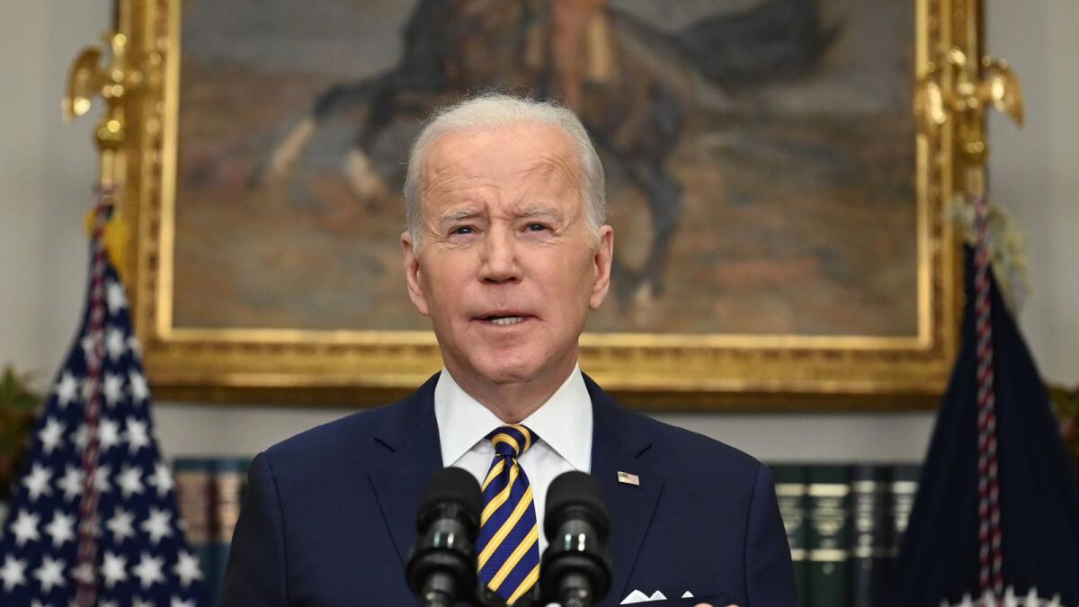 US President Joe Biden announces a ban on US imports of Russian oil and gas, March 8, 2022, from the Roosevelt Room of the White House in Washington, DC. Photo: AFP