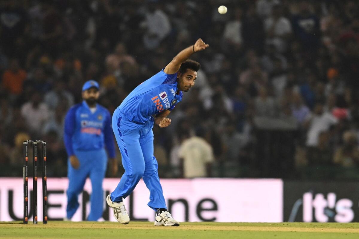 India's Bhuvneshwar Kumar bowls during the first T20 match against Australia. (AFP)