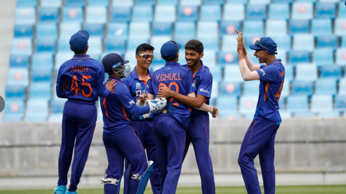Indian players celebrate a wicket in the final against Sri Lanka at the Dubai International Cricket Stadium on Friday. (Asian Cricket Council Twitter)