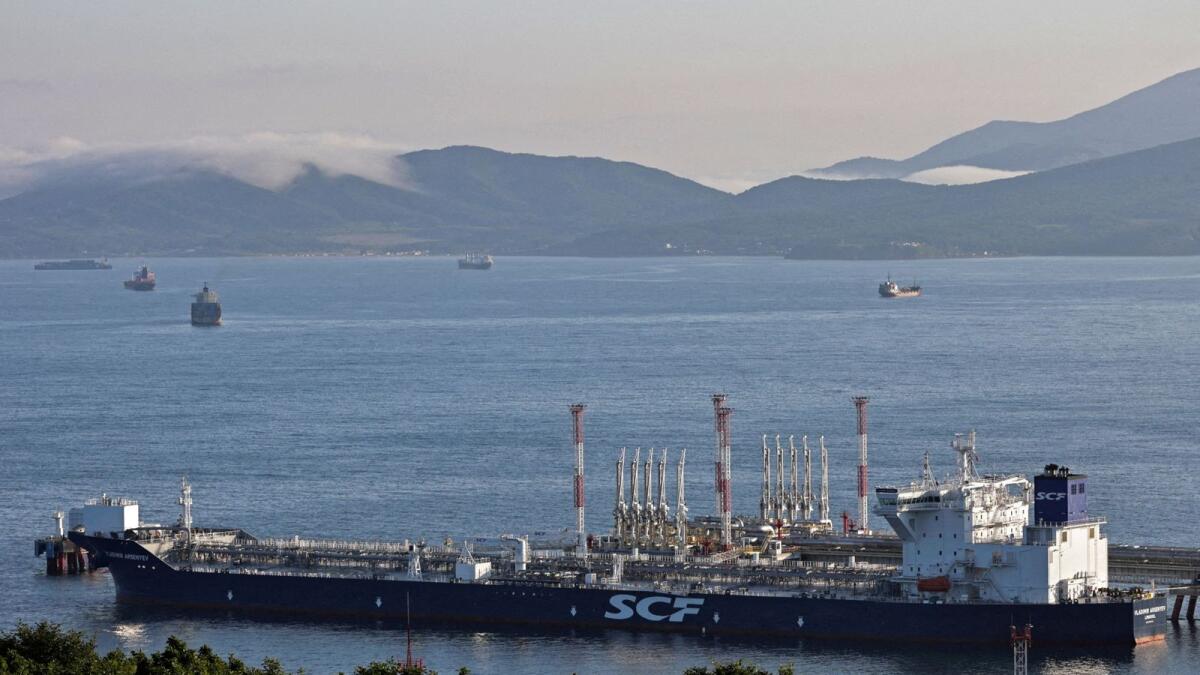An aerial view shows the Vladimir Arsenyev tanker at the crude oil terminal Kozmino on the shore of Nakhodka Bay near the port city of Nakhodka, Russia. — Reuters