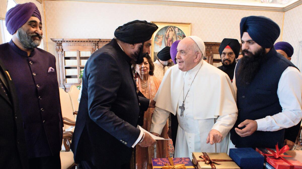 Pope Francis and Surender Singh Kandhari, Chairman Guru Nanak Darbar Gurudwara Dubai. — supplied photos