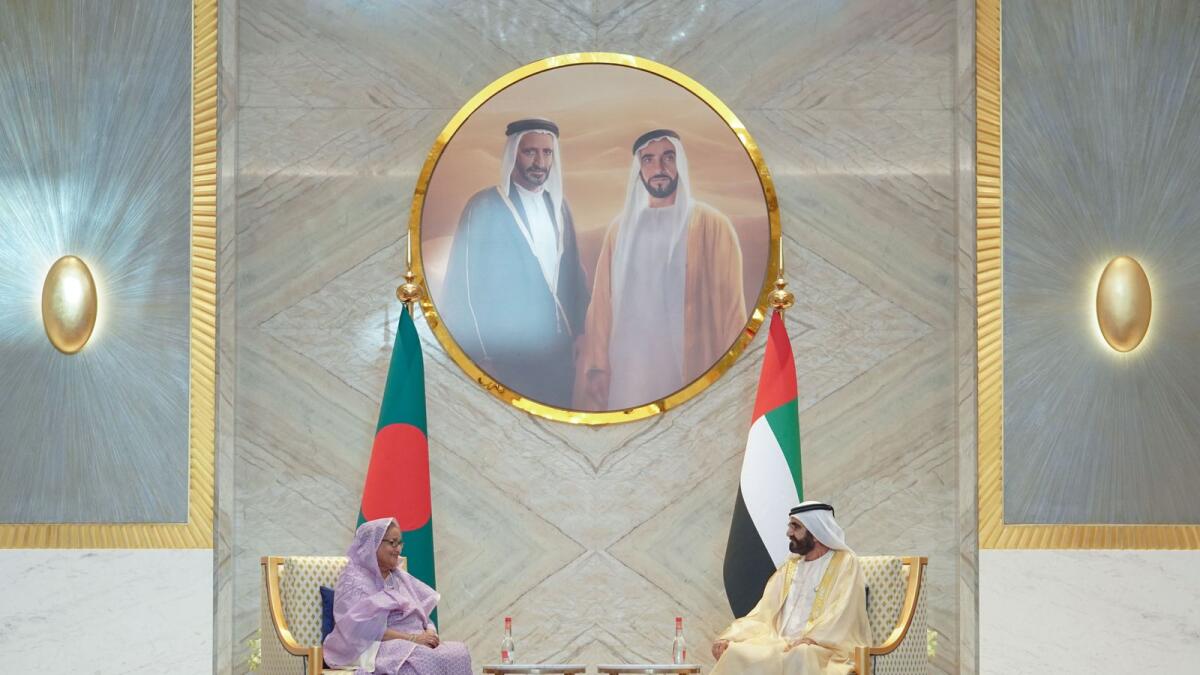 Sheikh Mohammed bin Rashid receives Sheikh Hasina Wajid, Prime Minister of Bangladesh at Expo 2020 Dubai. Photo: Dubai Media Office
