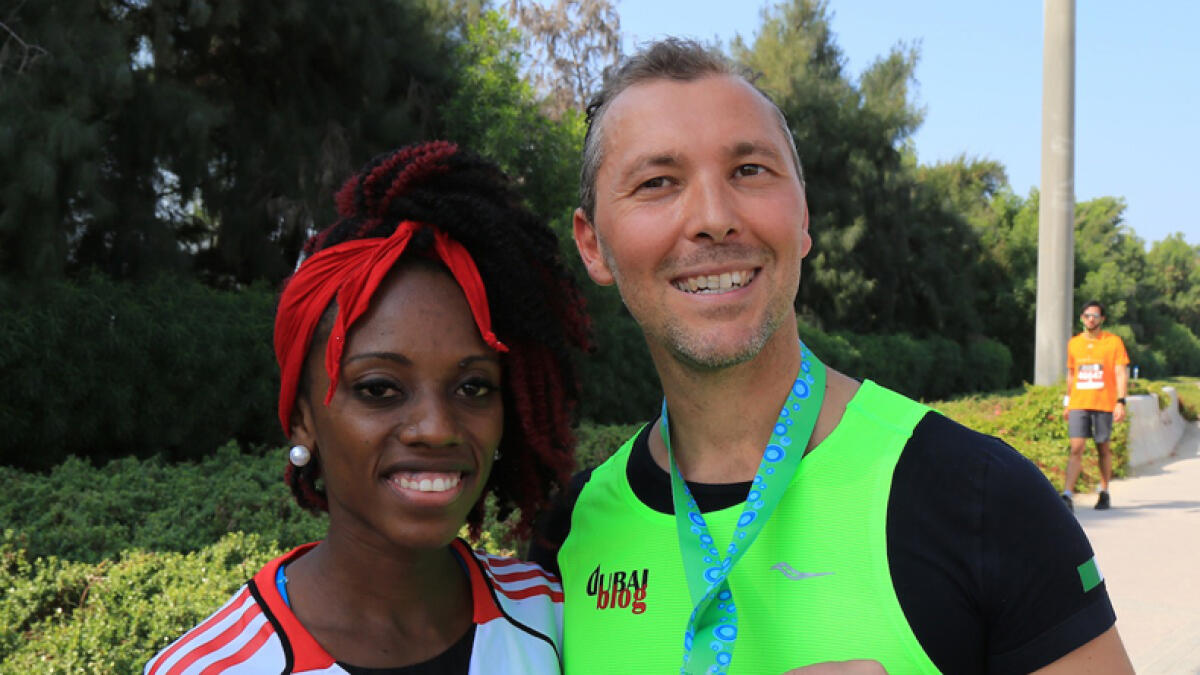 Nico with professional runner Tonya Nero during the 2016 marathon