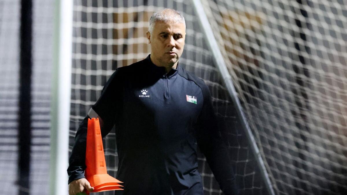 Palestine coach Makram Daboub during training. - Reuters