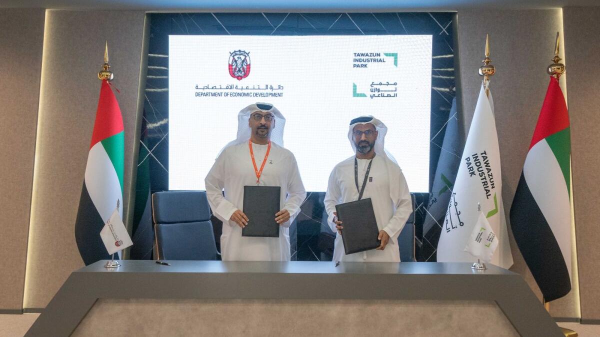 Arafat Al Yafei, executive director of ADDED’s Industrial Development Bureau (IDB), and Faiz Al Nahddy, MD and CEO of Tawazun Industrial Park, signed the agreement. — Wam