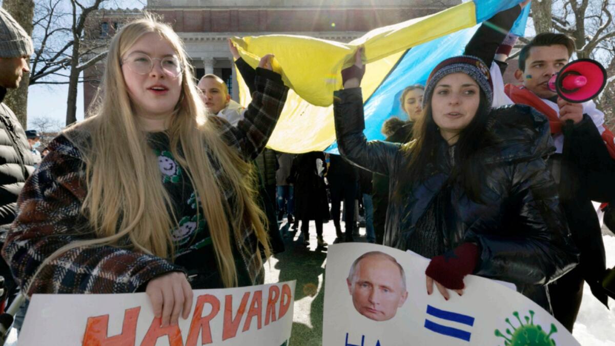 Students rally in support of Ukraine on the Harvard University campus. — AP