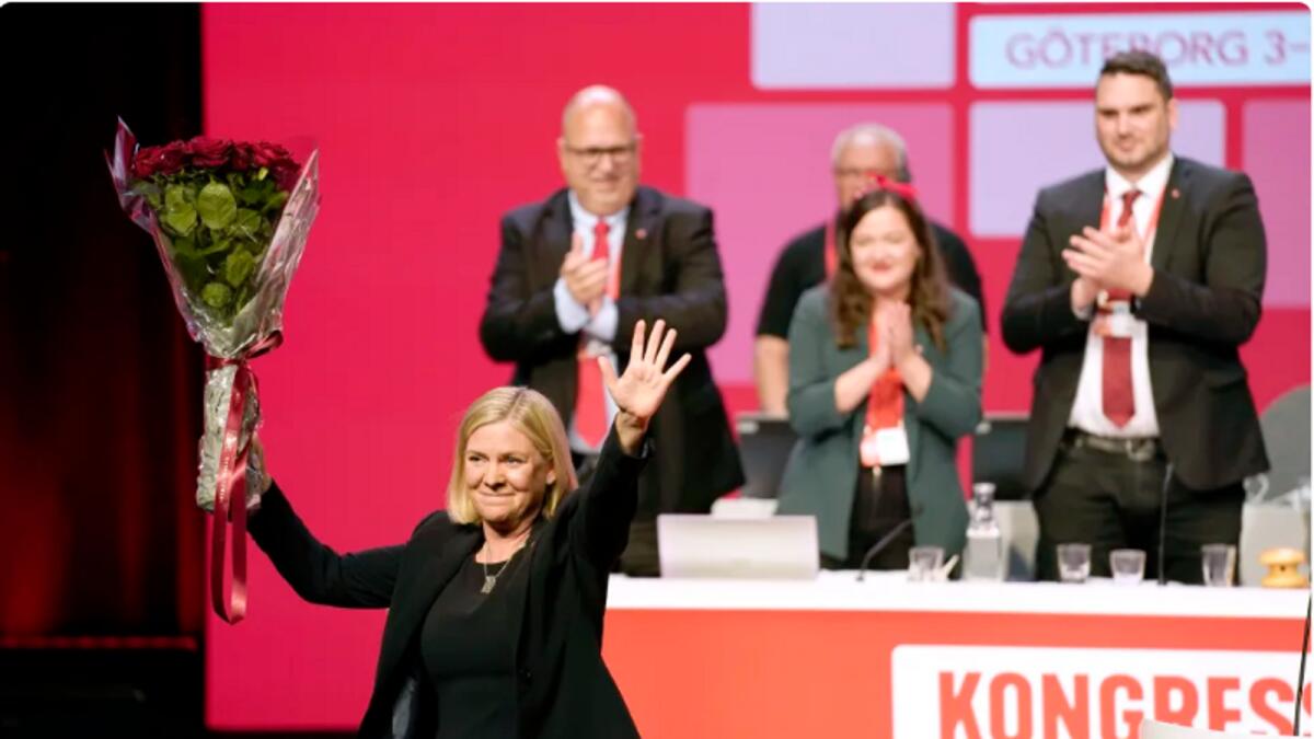 Sweden's Minister of Finance Magdalena Andersson gestures, after being elected to party chairman of the Social Democratic Party at the Social Dedmocratic Party congress in Gothenburg, Sweden, Thursday, Nov. 4, 2021. (Photo: AFP)