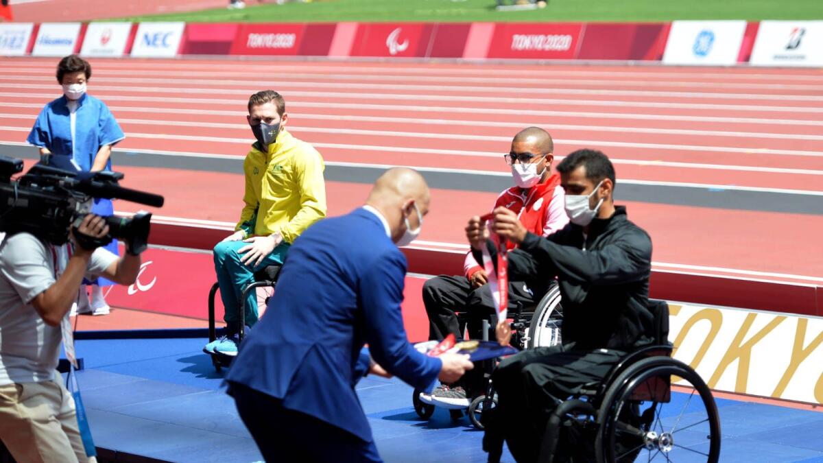 UAE's Mohamed Al Hammadi receives his bronze medal at the Tokyo Games on Monday. (Wam)