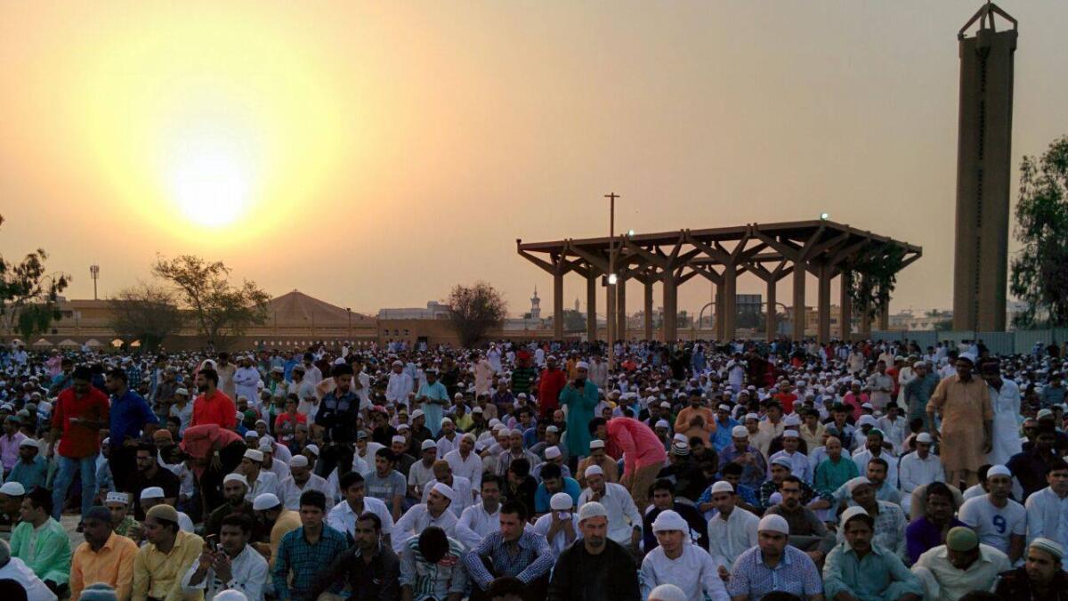 People gather to offer Eid prayers outside Musalah Mosque in Deira, Dubai. Photo by Neeraj Murali / Khaleej Times.
