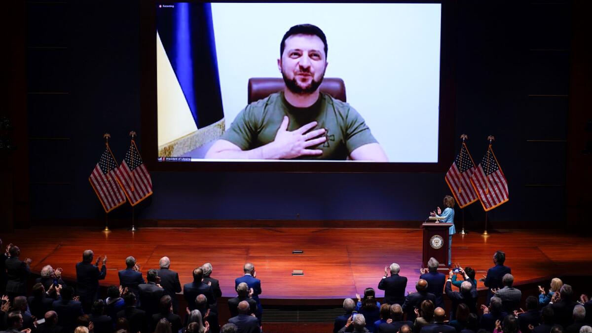 Ukrainian President Volodymyr Zelensky speaks to US Congress by video at the Capitol on March 16. (AP file)