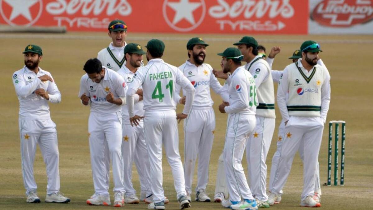 Pakistan players celebrate a wicket during the second Test against South Africa. (Twitter)
