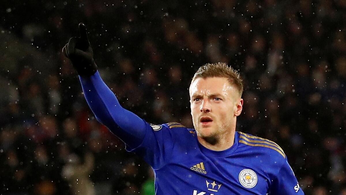 Leicester City's Jamie Vardy celebrates scoring their third goal (Reuters)