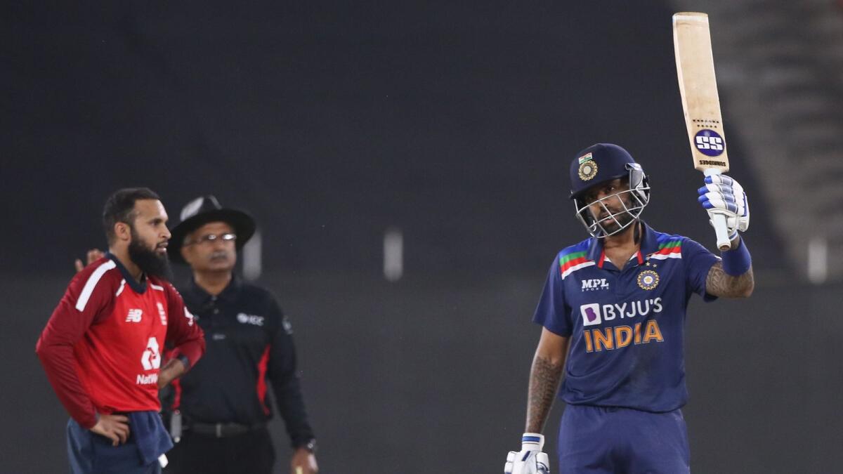 Suryakumar Yadav of India celebrates his half-century during the 4th T20 International against England. (BCCI)