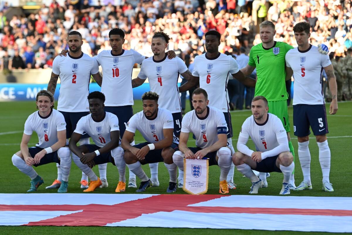Members of the England team ahead of the Uefa Nations League against Hungary on June 14. (AFP file)