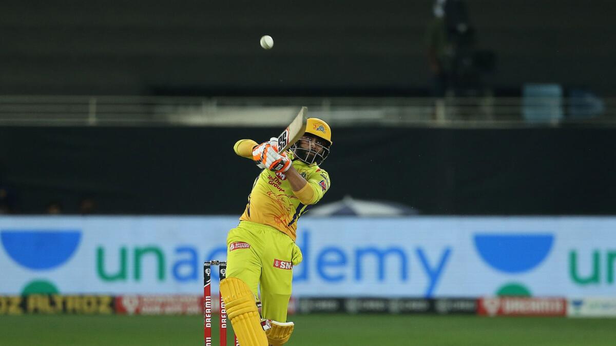 Ravindra Jadeja hits a six against KKR during the IPL match. — IPL